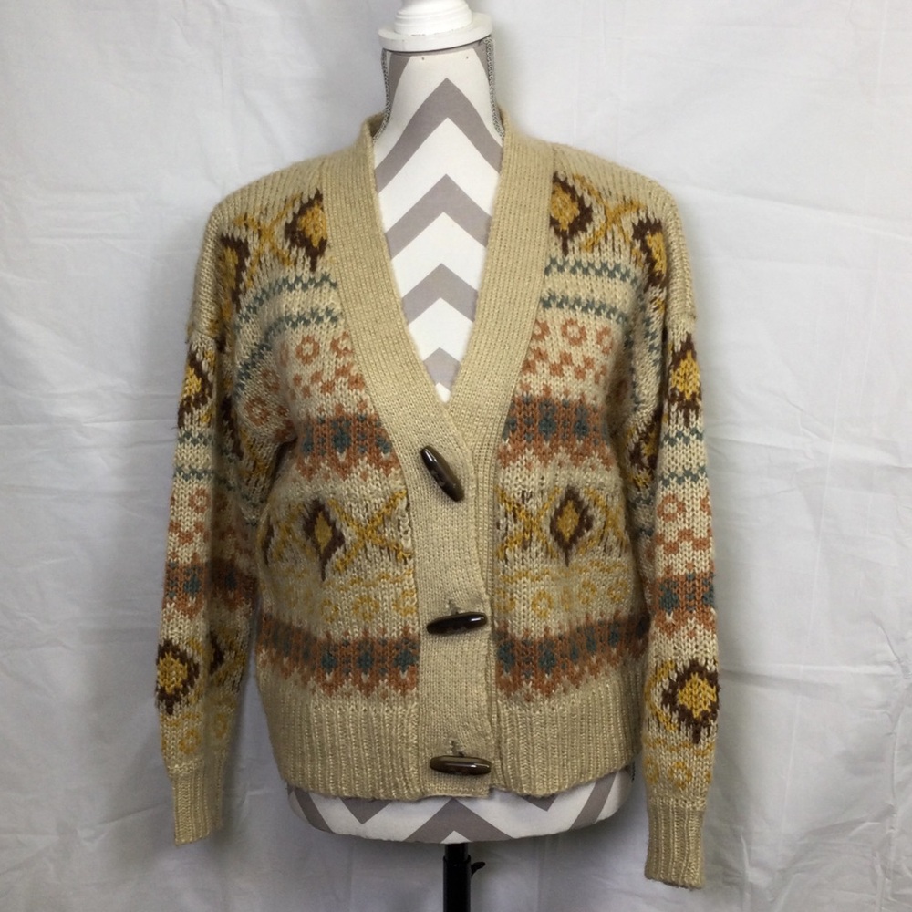 Rewind Womens Knit Cardigan with Geometric Pattern Tan, Size M